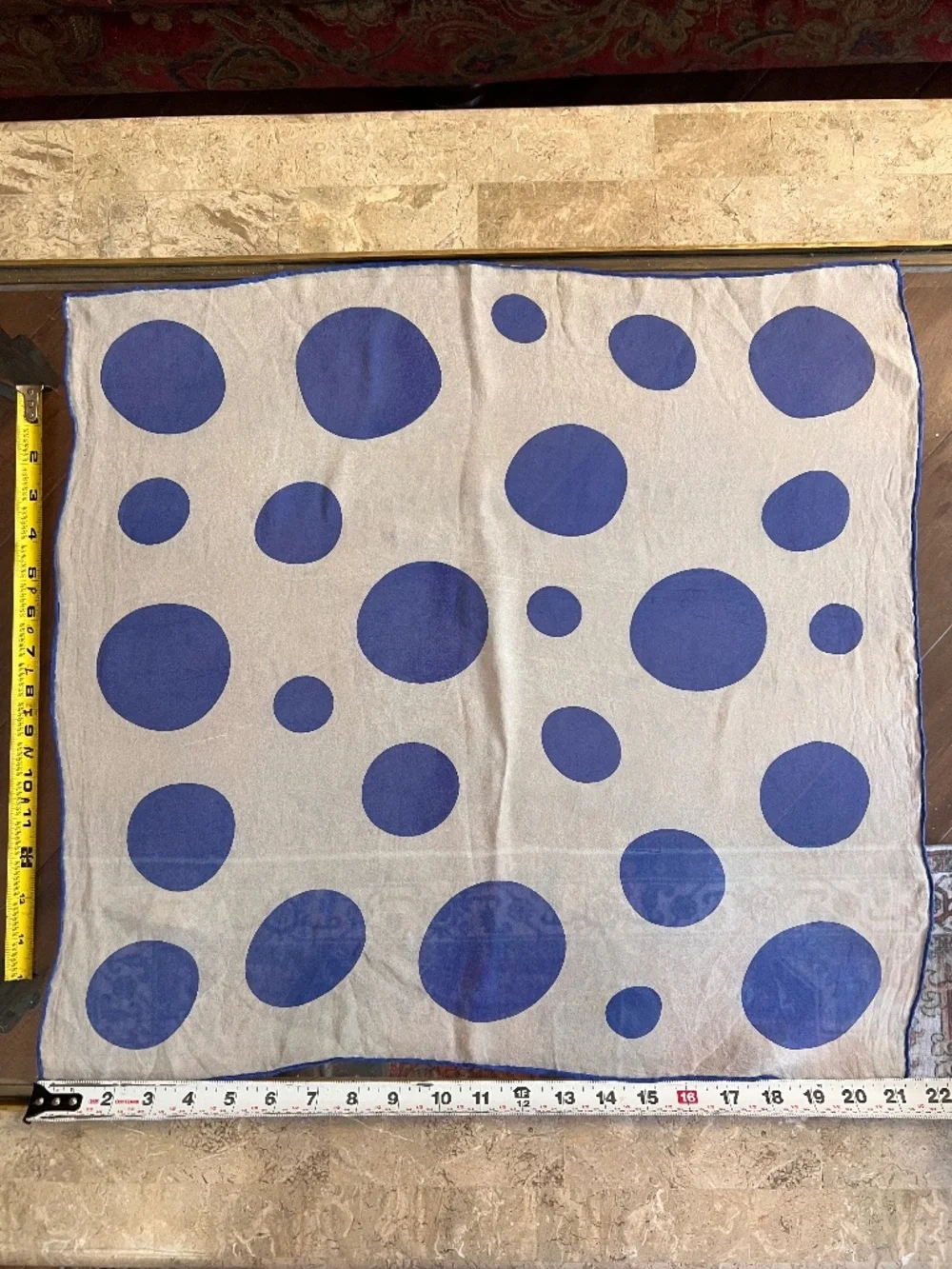 Square silk white scarf with large blue polka dots